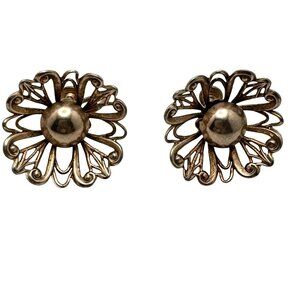 1940s Vtg Earrings Ornate Filigree Flower Screw Back Silver Tone Victorian 1"